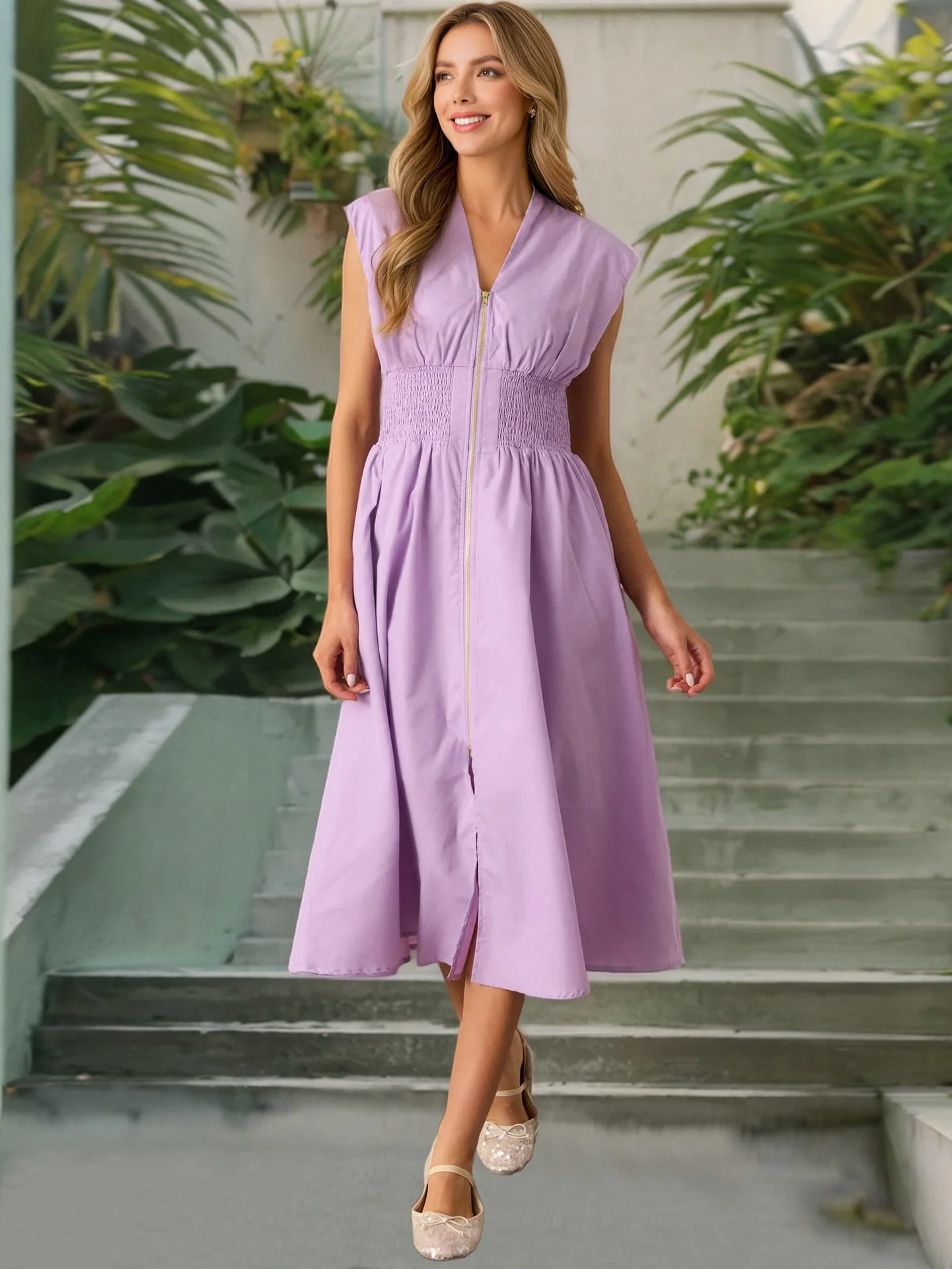 Women's Summer Smocked Midi Sundress – V-Neck Zipper Dress