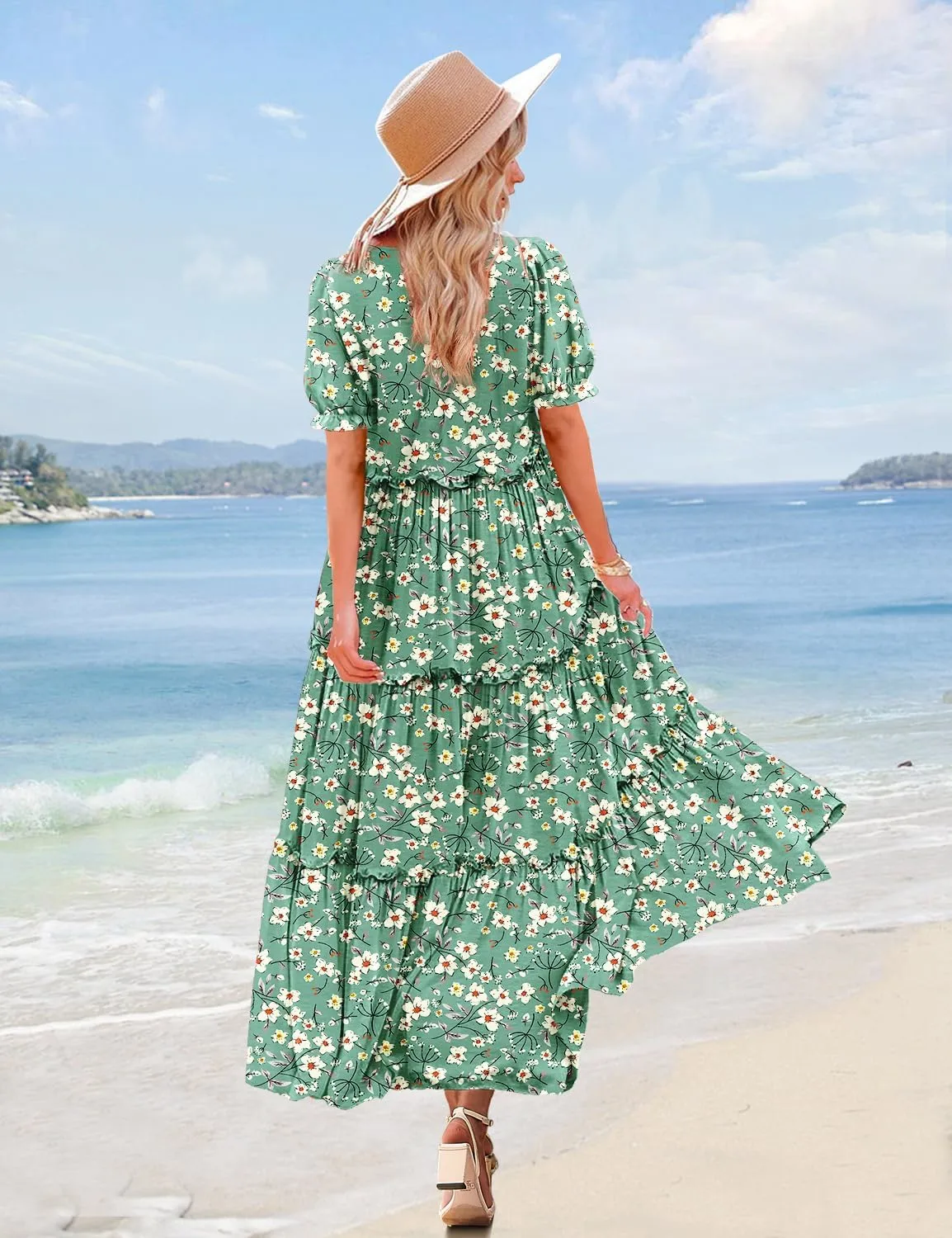Summer Casual Bohemian Floral Dresses for Women Puff Short Sleeve Long Maxi Dress