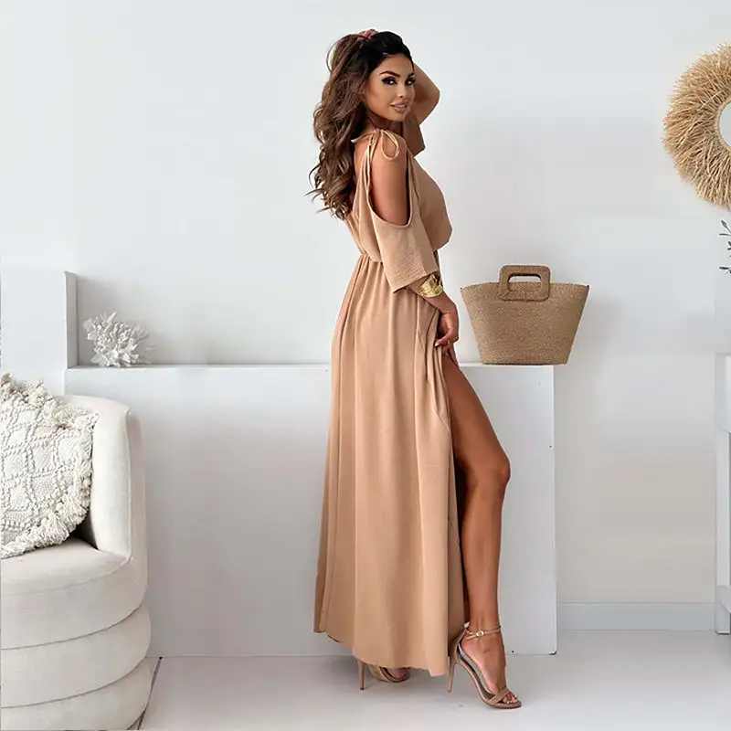 Elegant, sexy V-neck dress with side slit for women