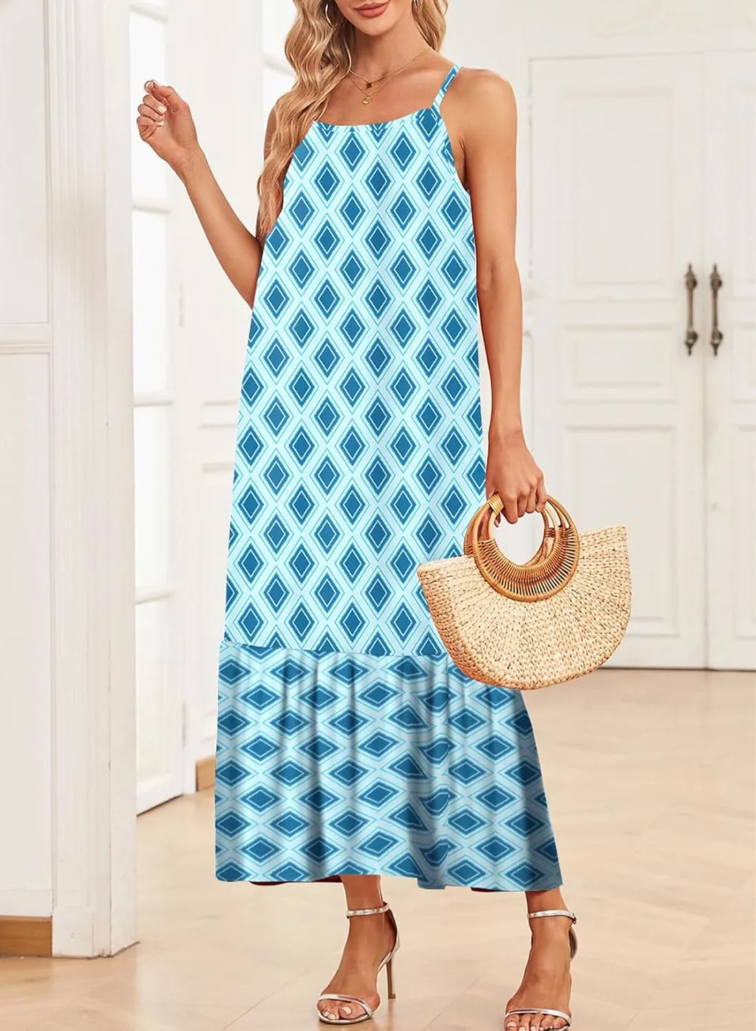 Women Summer Dre Spaghetti Strap Scoop Neck Smocked Ruffle Flowy Boho