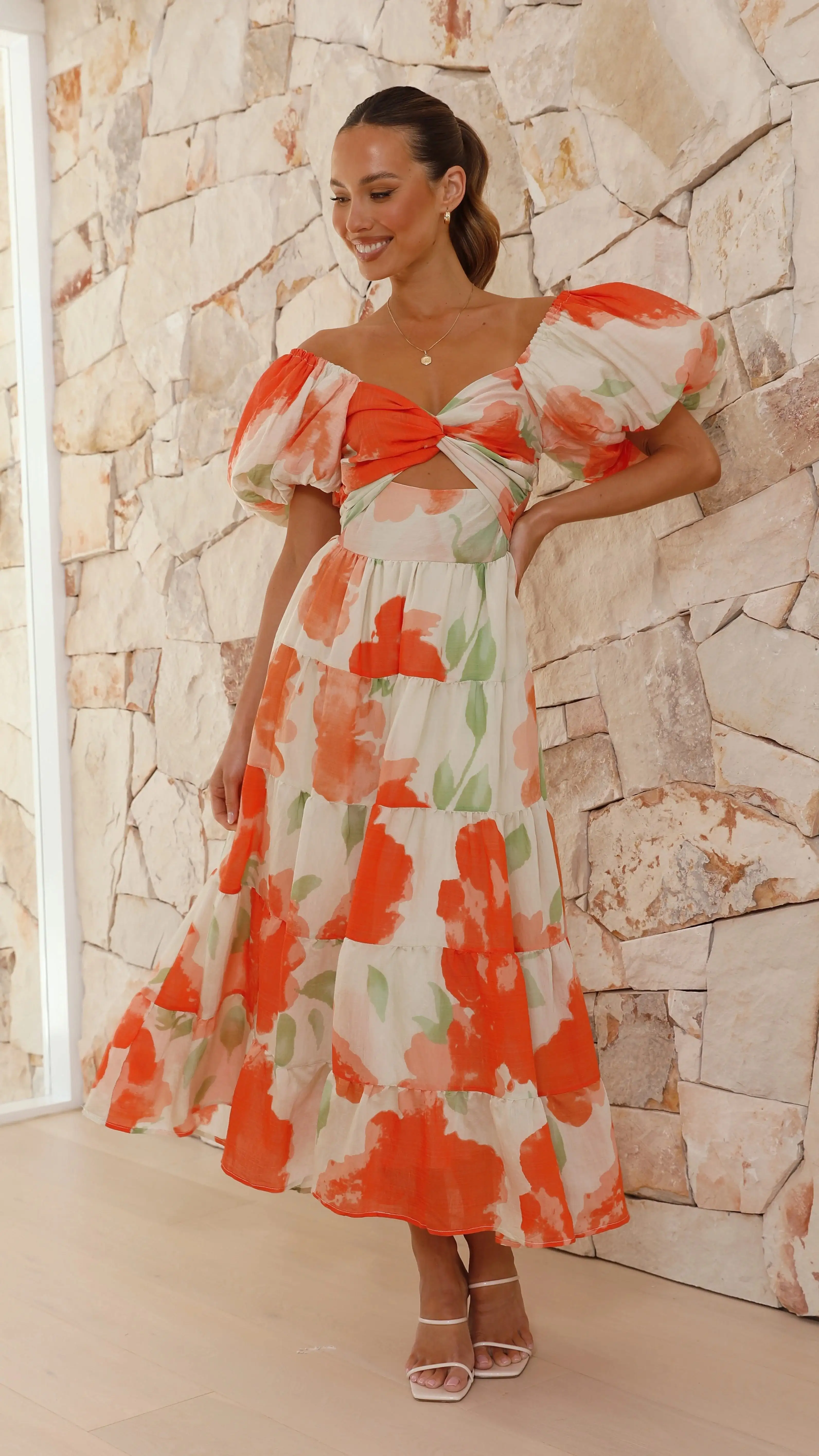 Printed Bubble Sleeve  Dress