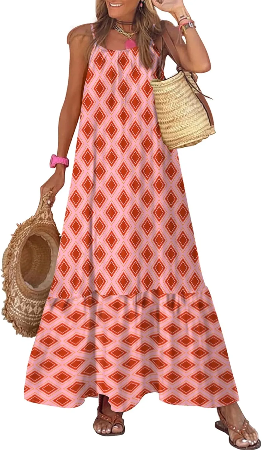 Women Summer Dre Spaghetti Strap Scoop Neck Smocked Ruffle Flowy Boho