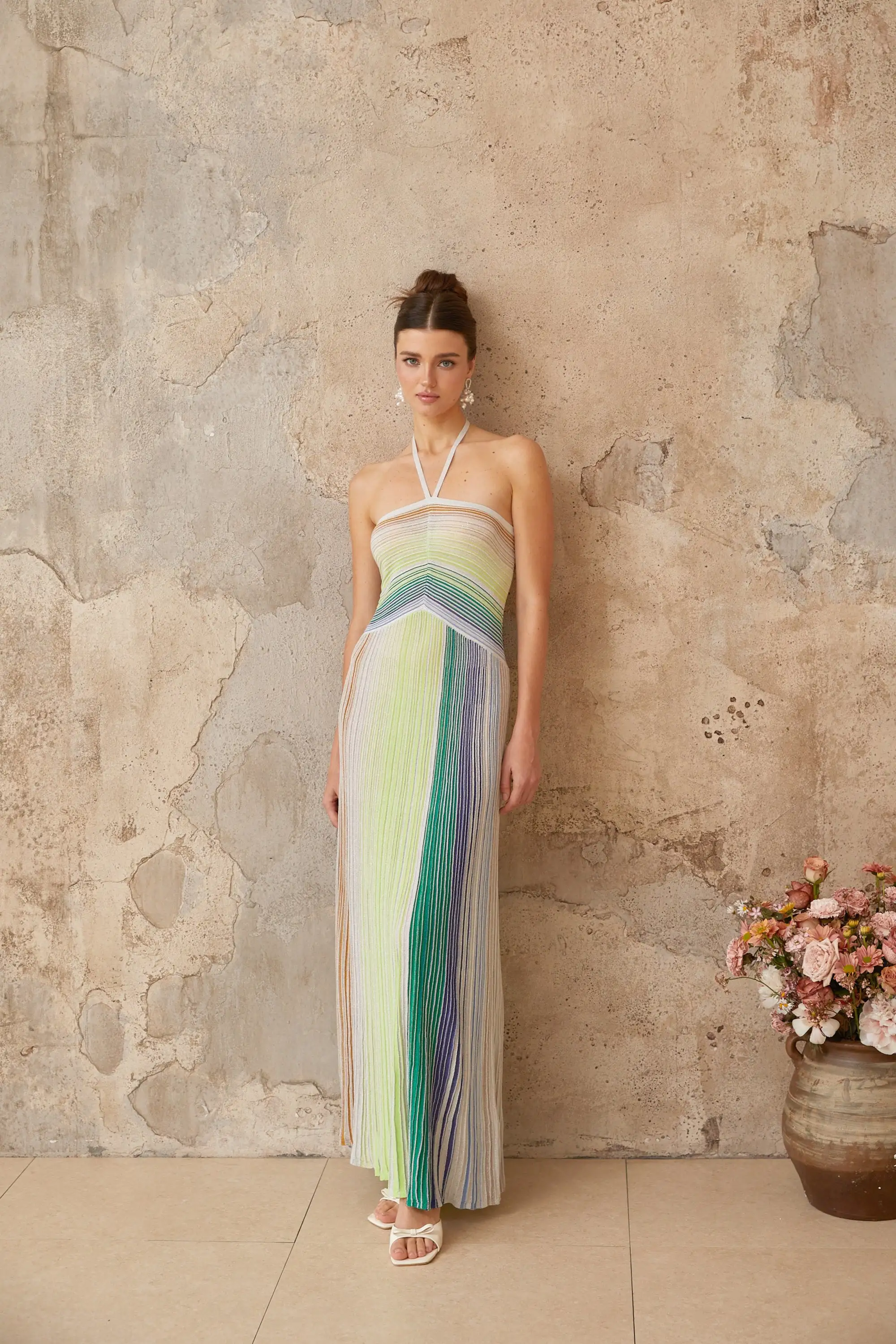 Serelith Metallic Knit Backless Maxi Dress