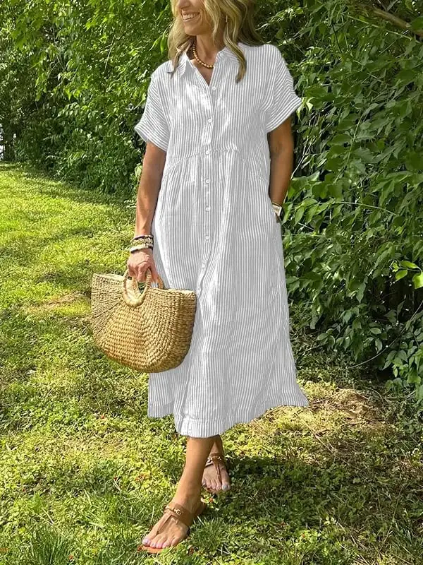 Striped Lapel Button Down Shirt Dress | With Functional Pockets