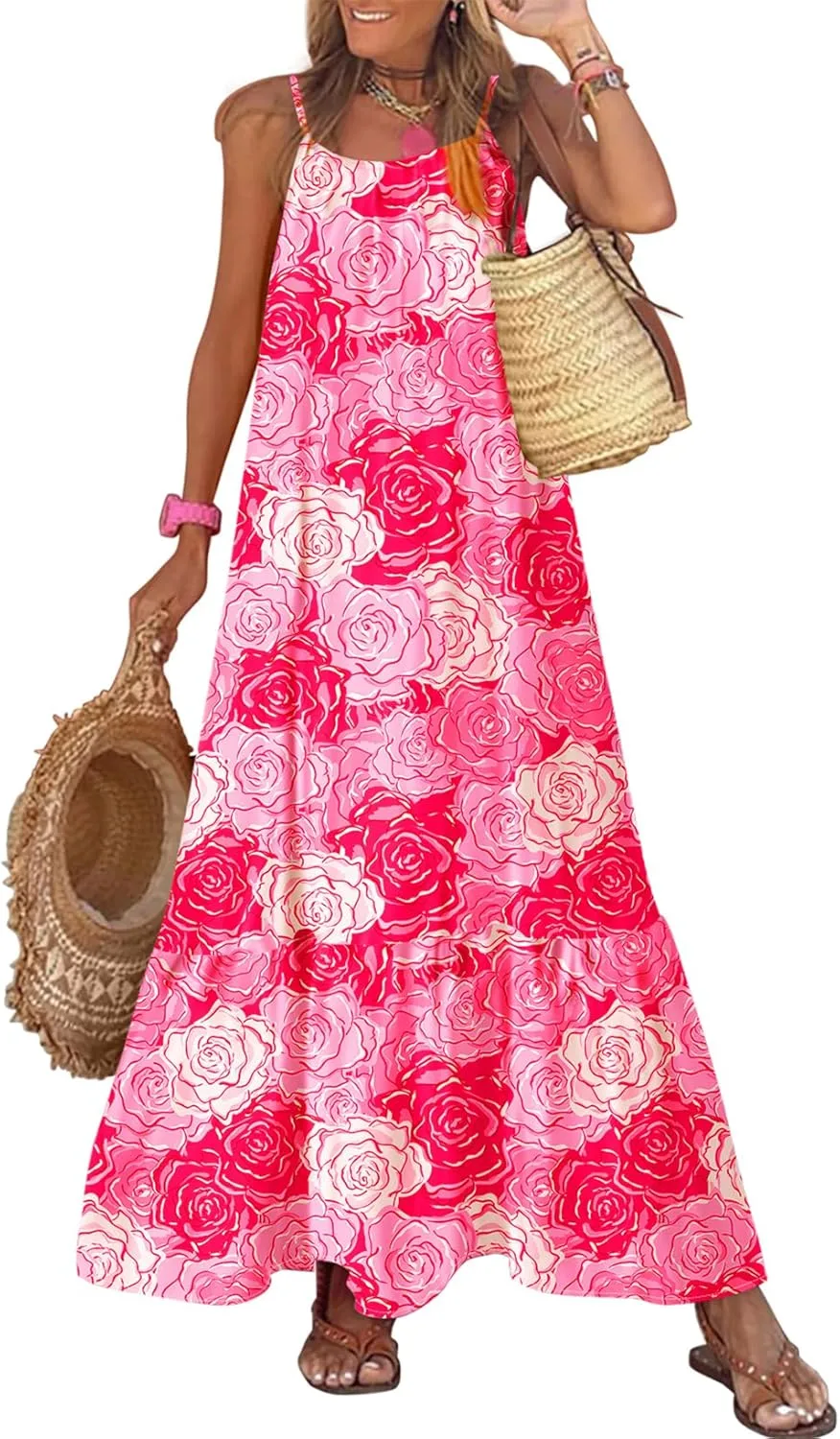 Women Summer Dre Spaghetti Strap Scoop Neck Smocked Ruffle Flowy Boho