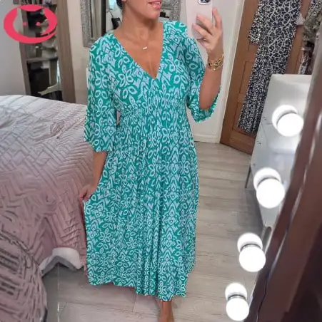 🔥Bohemian print V-neck waist wrap long dress