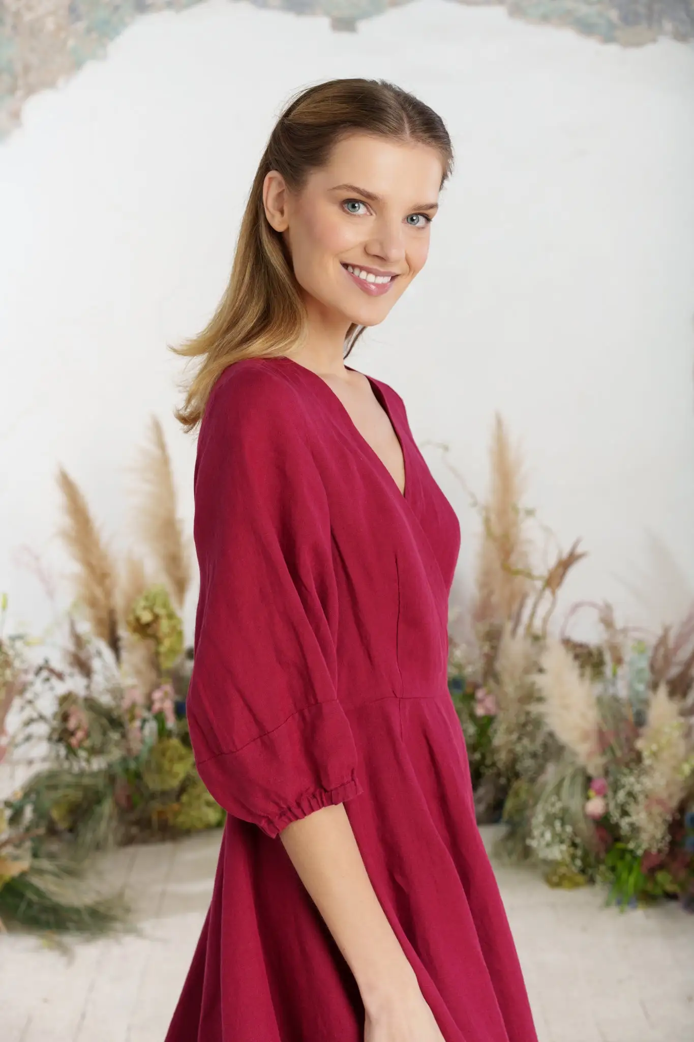 Solid color loose high waist cotton and linen dress