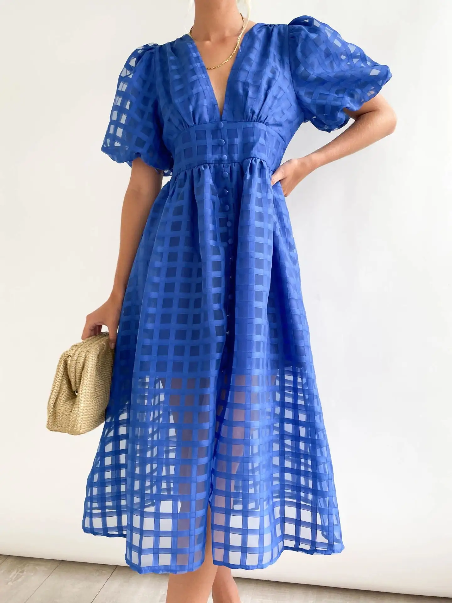 WOMEN'S SOLID SHORT LANTERN SLEEVE DRESS
