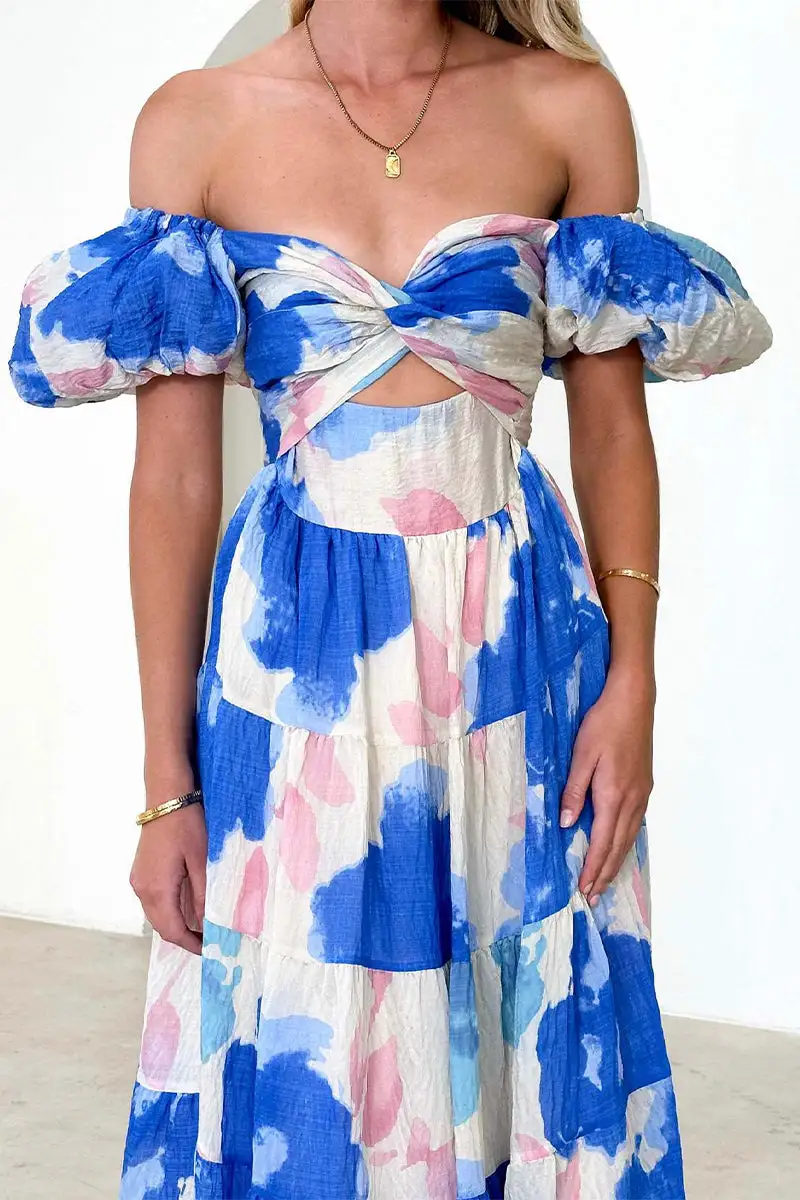 Printed Bubble Sleeve  Dress
