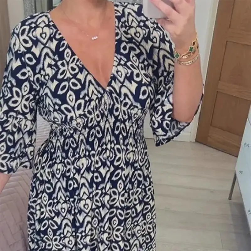 🔥Bohemian print V-neck waist wrap long dress