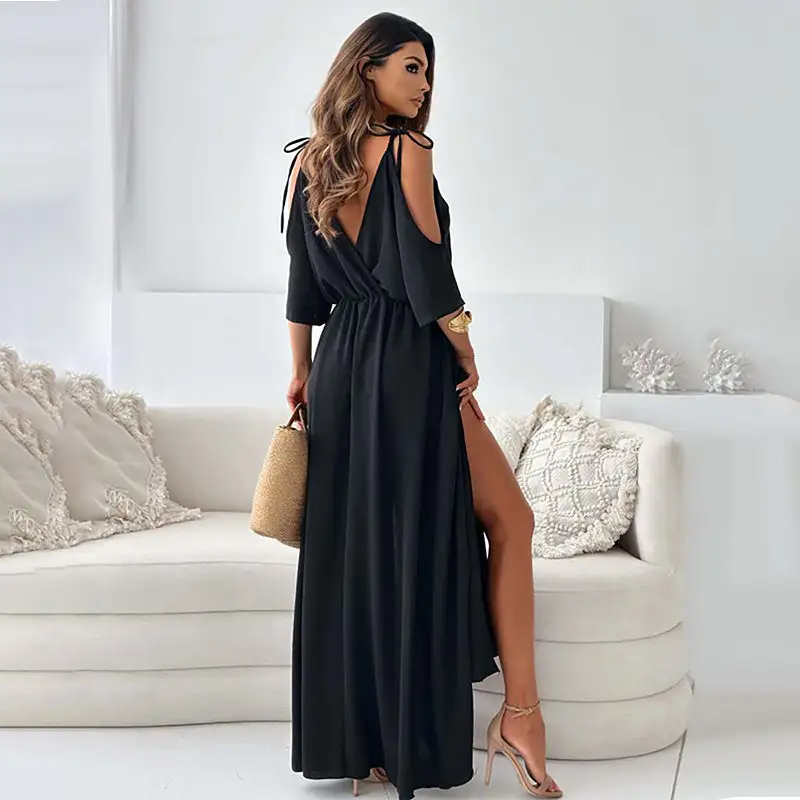 Elegant, sexy V-neck dress with side slit for women