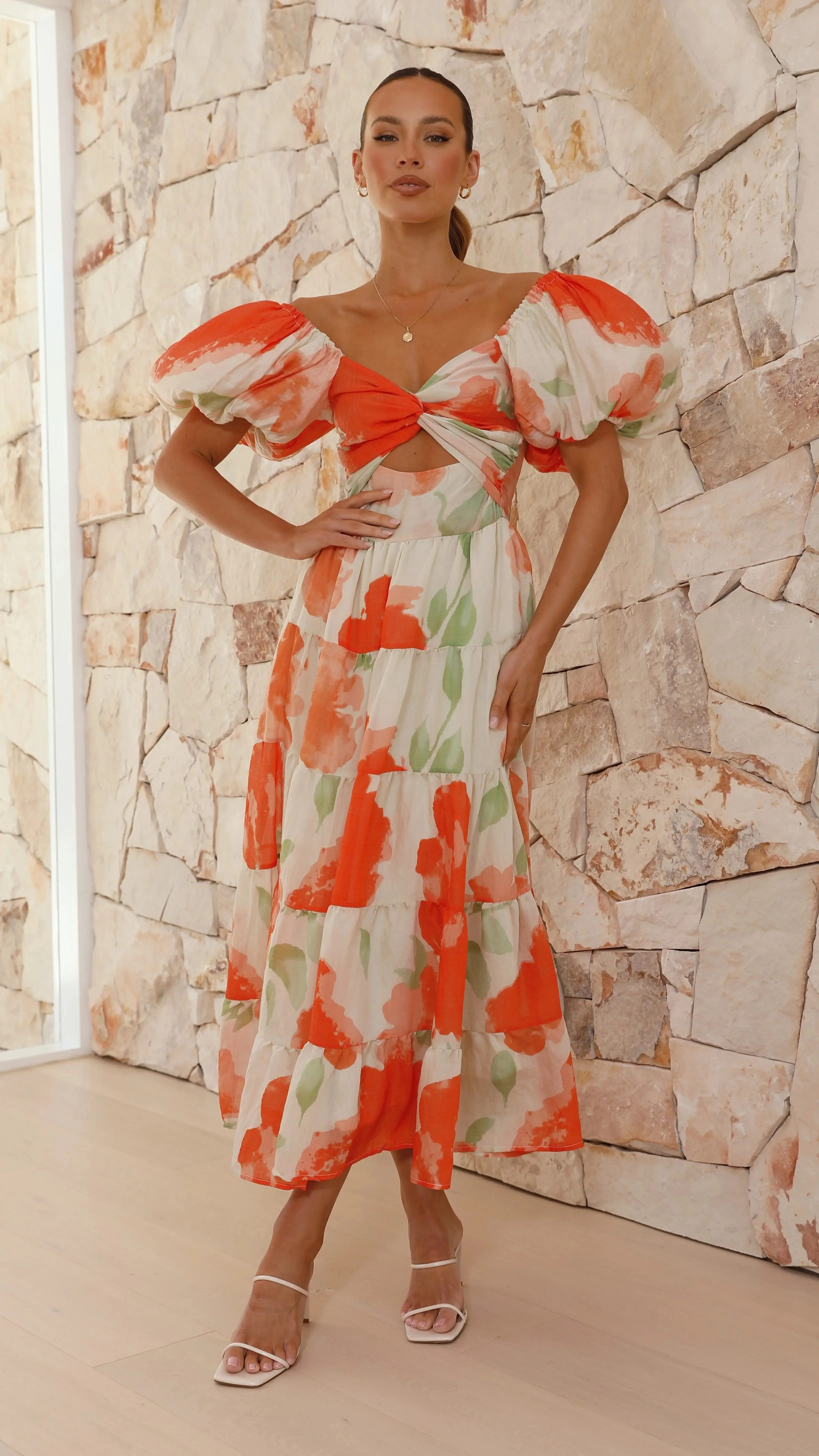 Printed Bubble Sleeve  Dress
