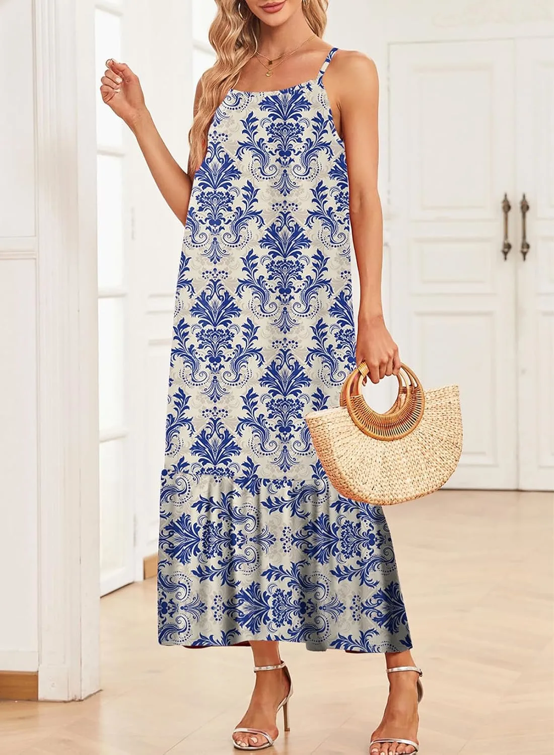  Spaghetti Strap Scoop Neck Smocked Ruffle Flowy Boho  Dress