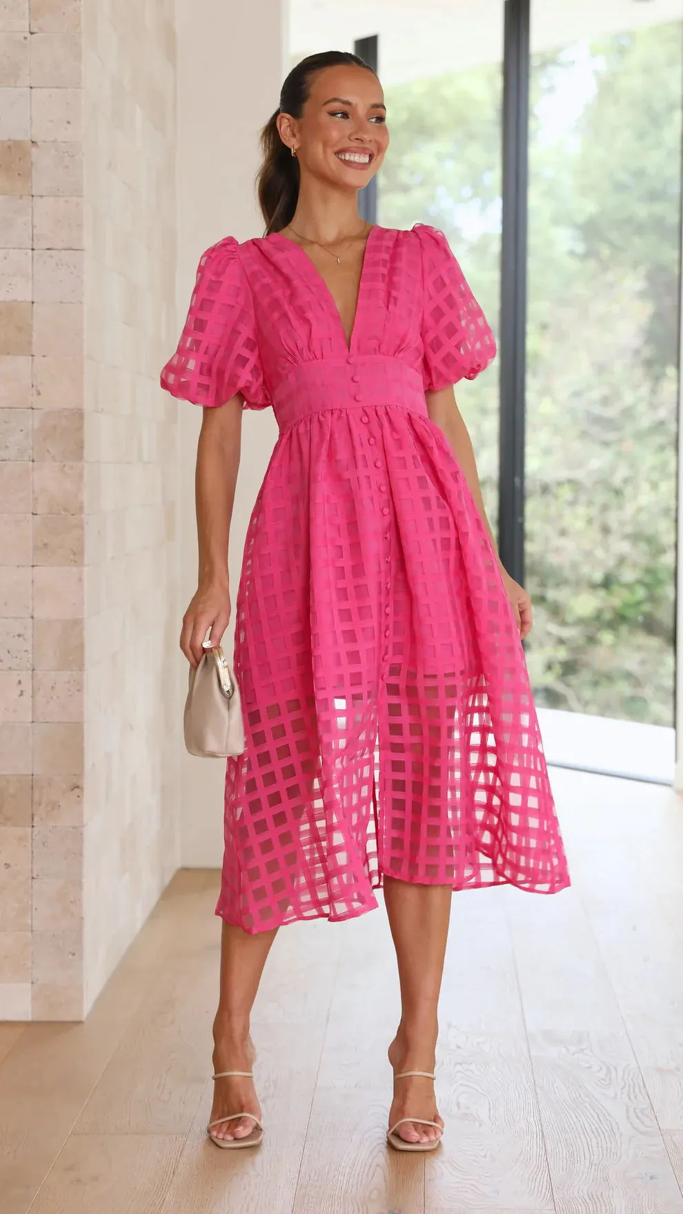 WOMEN'S SOLID SHORT LANTERN SLEEVE DRESS