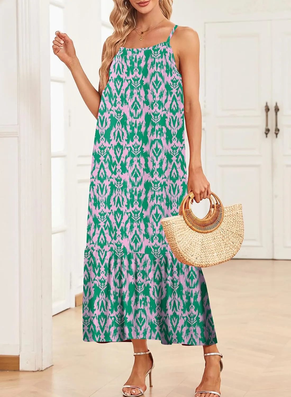 Women Summer Dre Spaghetti Strap Scoop Neck Smocked Ruffle Flowy Boho