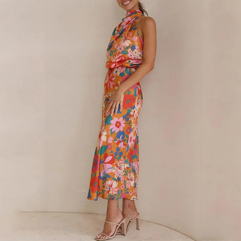 floral print, tie-neck, elastic waist, satin shine maxi dress