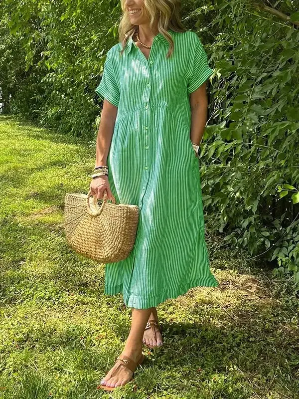 Striped Lapel Button Down Shirt Dress | With Functional Pockets