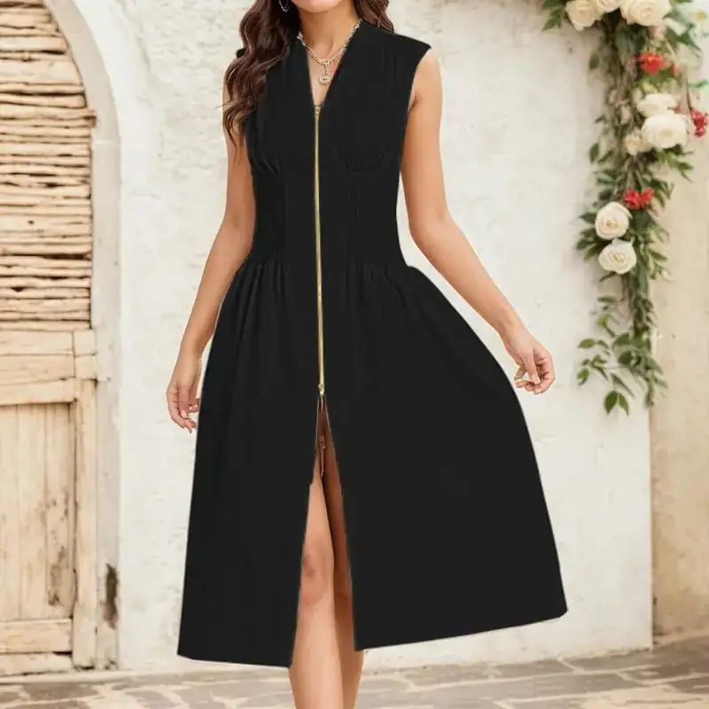 Women's Summer Smocked Midi Sundress – V-Neck Zipper Dress