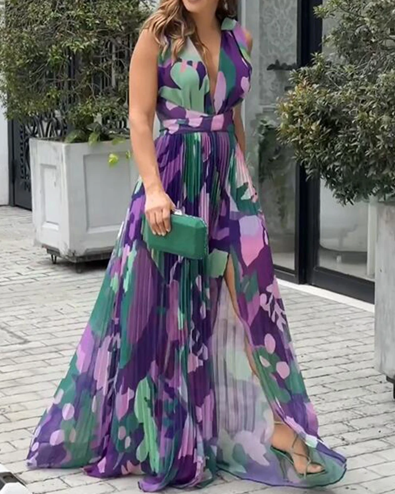 Sleeveless Contrasting Floral Print Pleated Dress