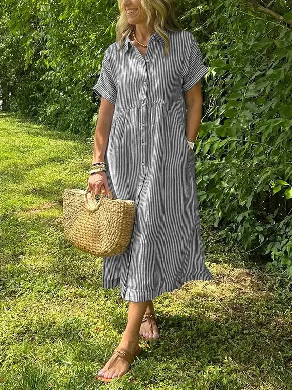 Striped Lapel Button Down Shirt Dress | With Functional Pockets