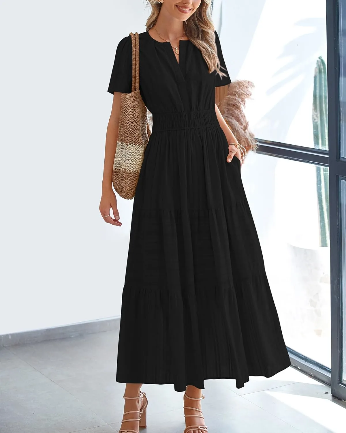 Womens Summer Lightweight Short Sleeve Midi Maxi Dresses