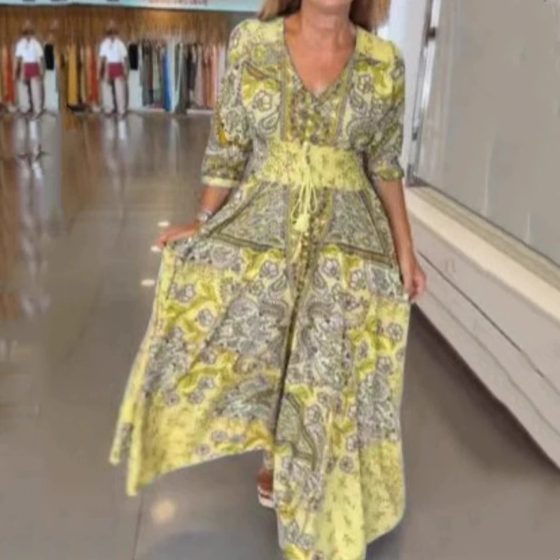 Women's Elegant Floral Drawstring Long Dress