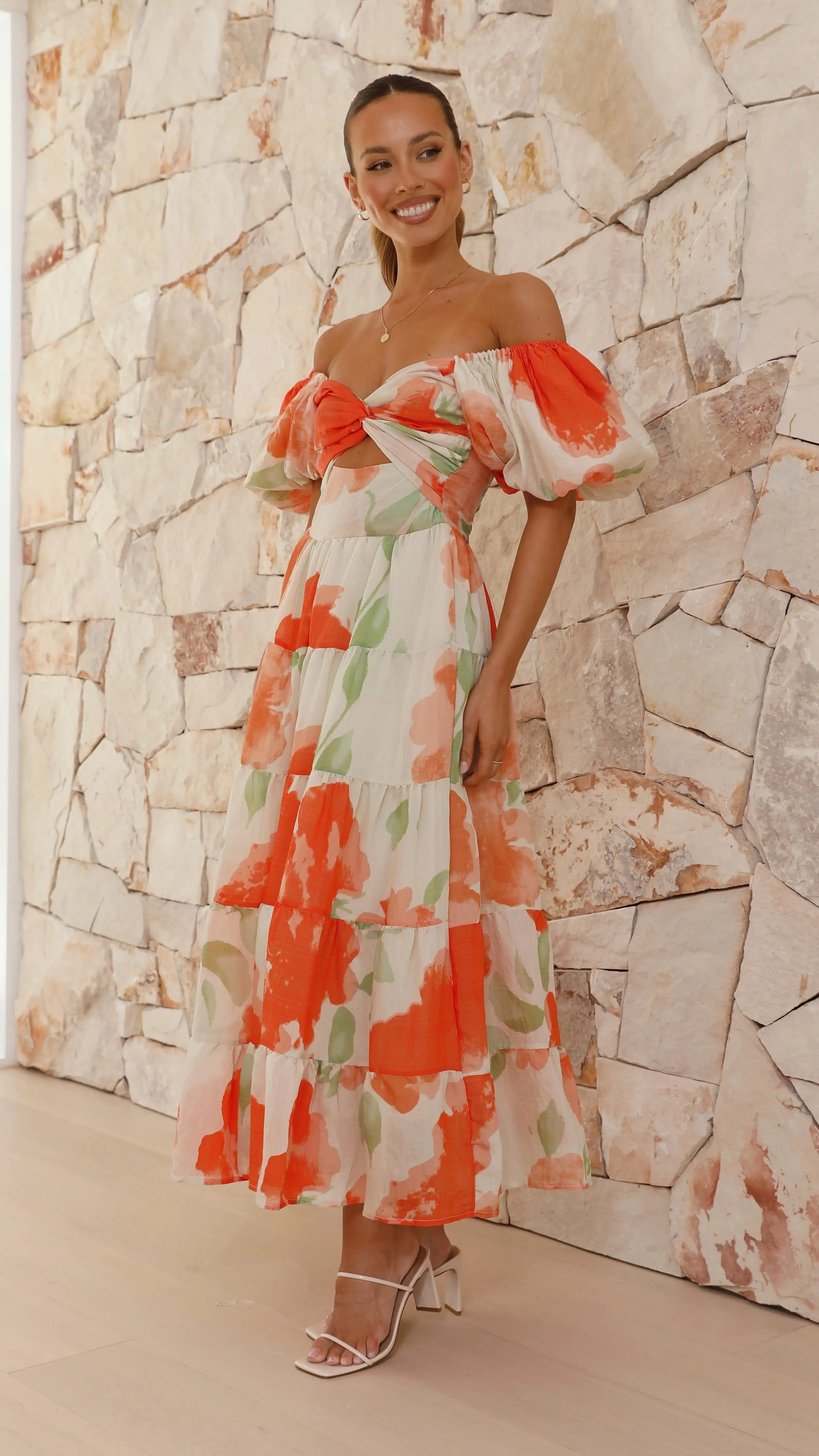 Printed Bubble Sleeve  Dress