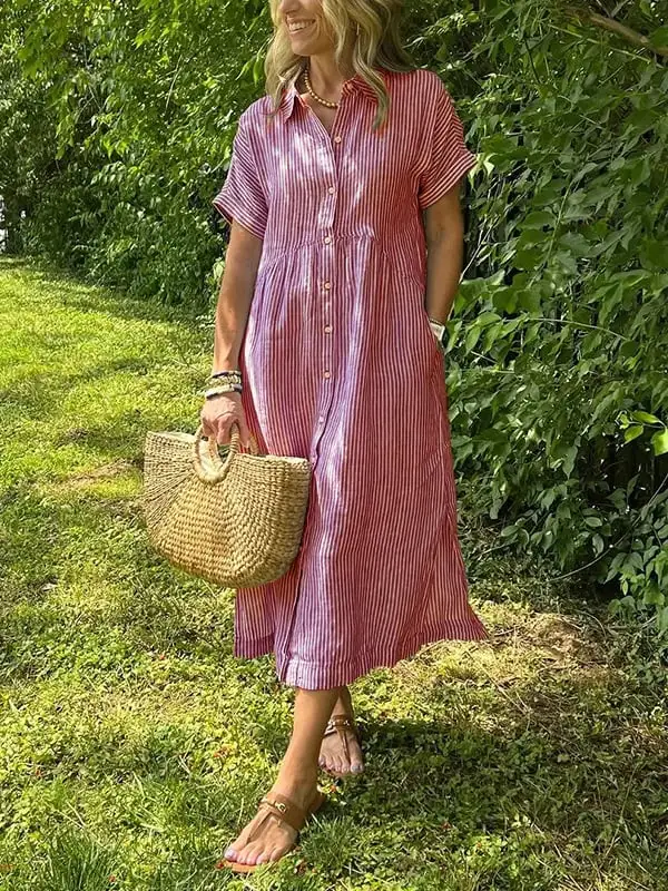 Striped Lapel Button Down Shirt Dress | With Functional Pockets