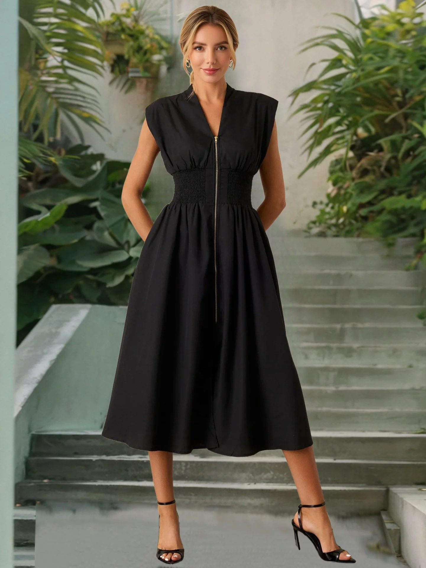 Women's Summer Smocked Midi Sundress – V-Neck Zipper Dress 