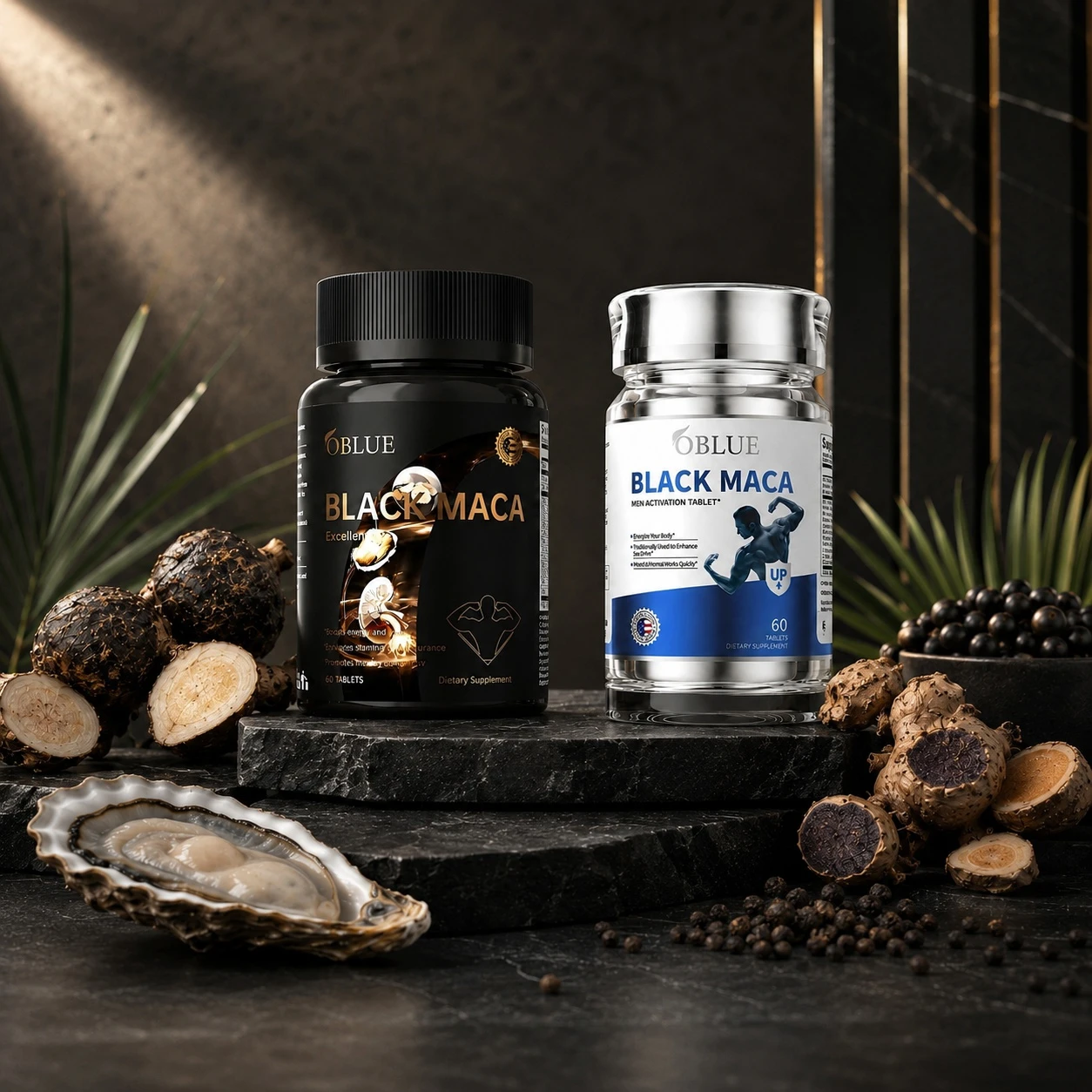 OBLUE Botella de suplemento premium de Maca Negra de 800mg sobre superficie de estudio negro vacío