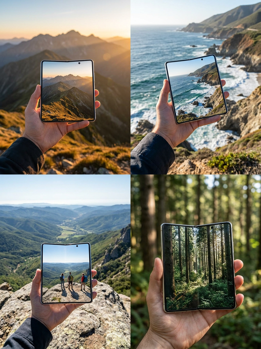 华为 Mate X6 旅行户外场景，手持展开大屏拍摄风景
