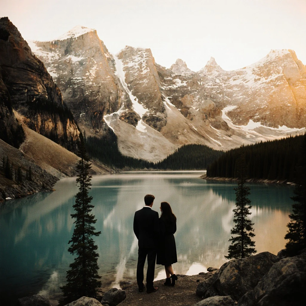 Couple at Banff turquoise lake at golden hour, Rocky Mountains behind them