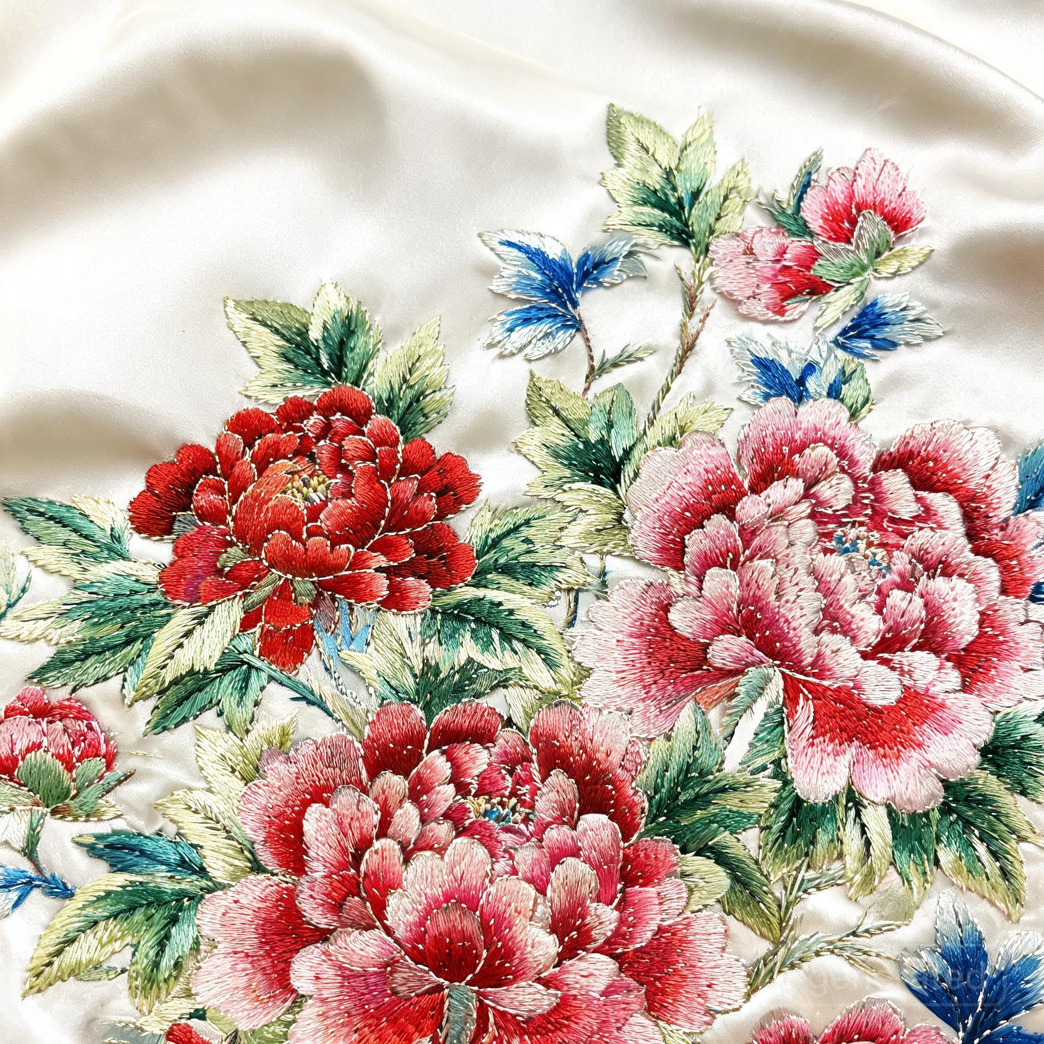 Close-up of Chinese embroidery stitching on silk fabric showing traditional floral patterns in vibrant colors