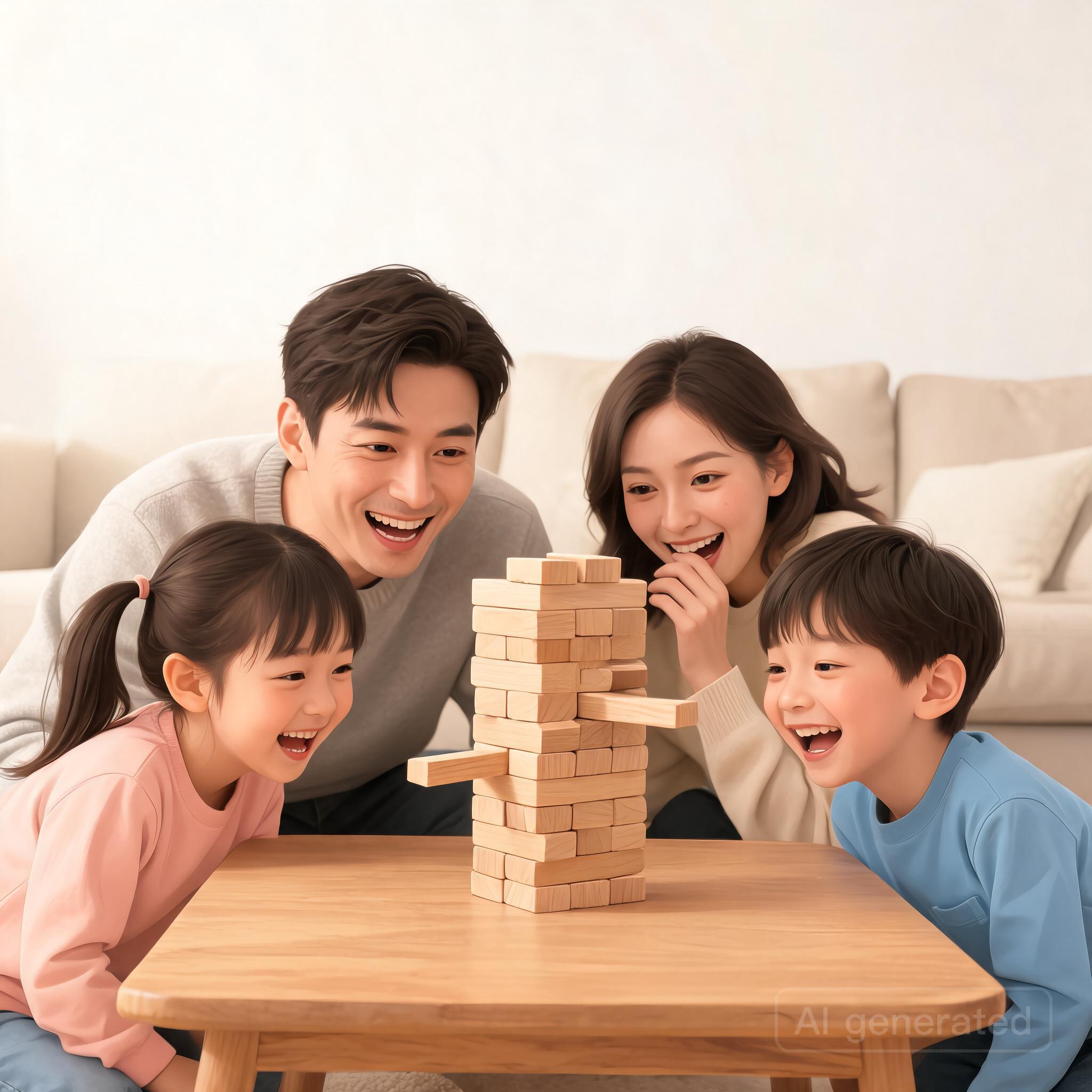 A family laughing together while playing a wooden tumbling block tower game in a living room