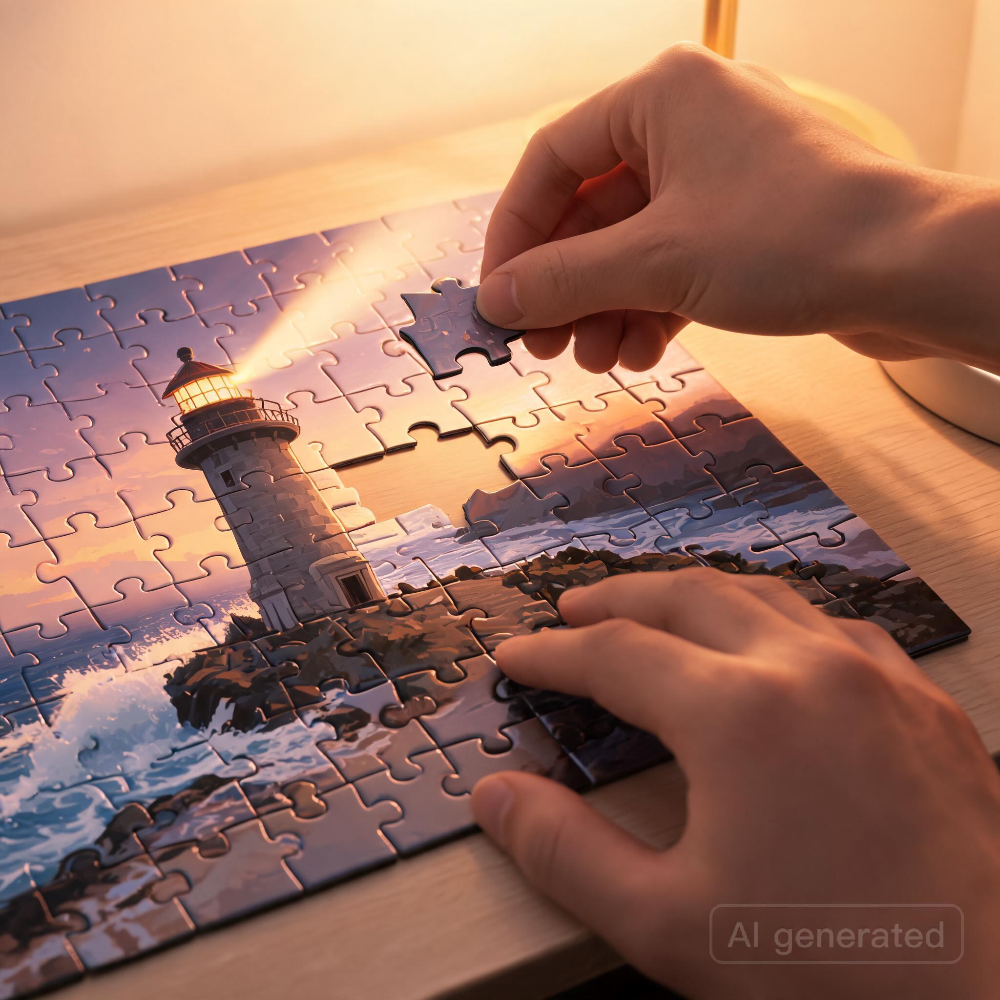 Adult hands carefully placing a jigsaw puzzle piece into a nearly complete lighthouse scene with warm evening lighting