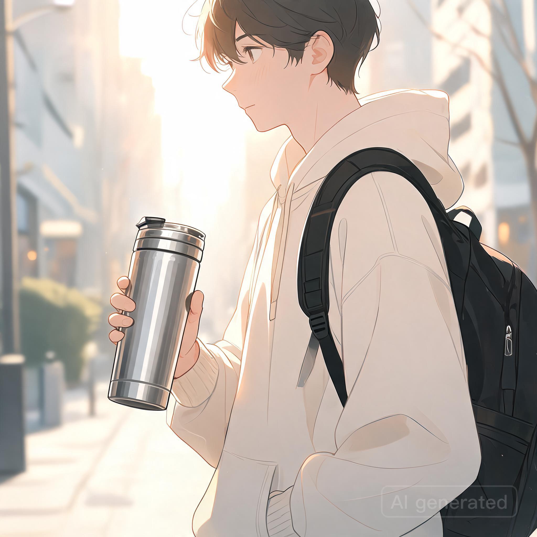 A person holding a stainless steel travel coffee mug during a bright morning commute