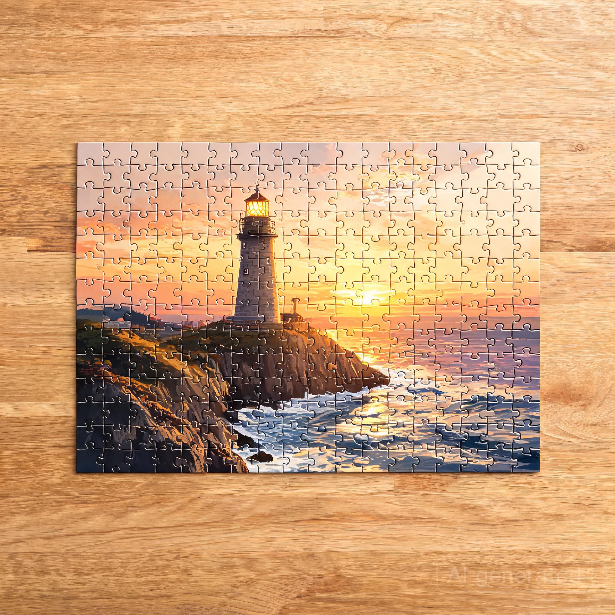 A completed Sunset Lighthouse jigsaw puzzle laid out on a wooden table in warm golden tones