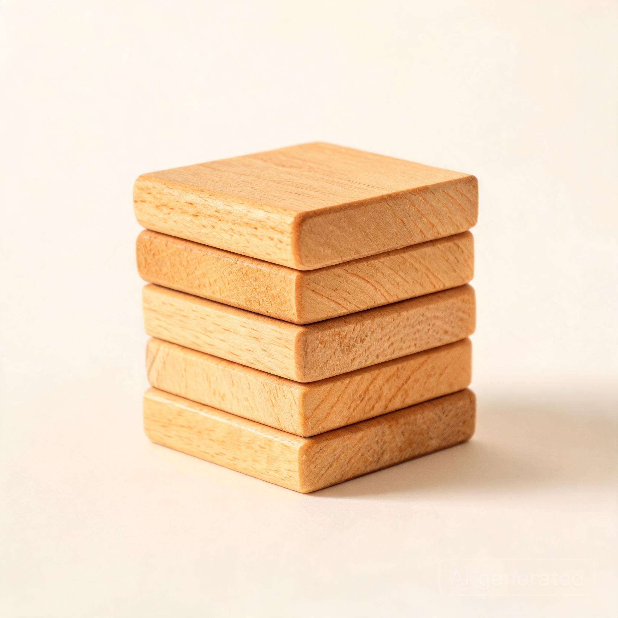 Close-up of smooth, natural pine wood blocks stacked in a tower on a warm wooden surface
