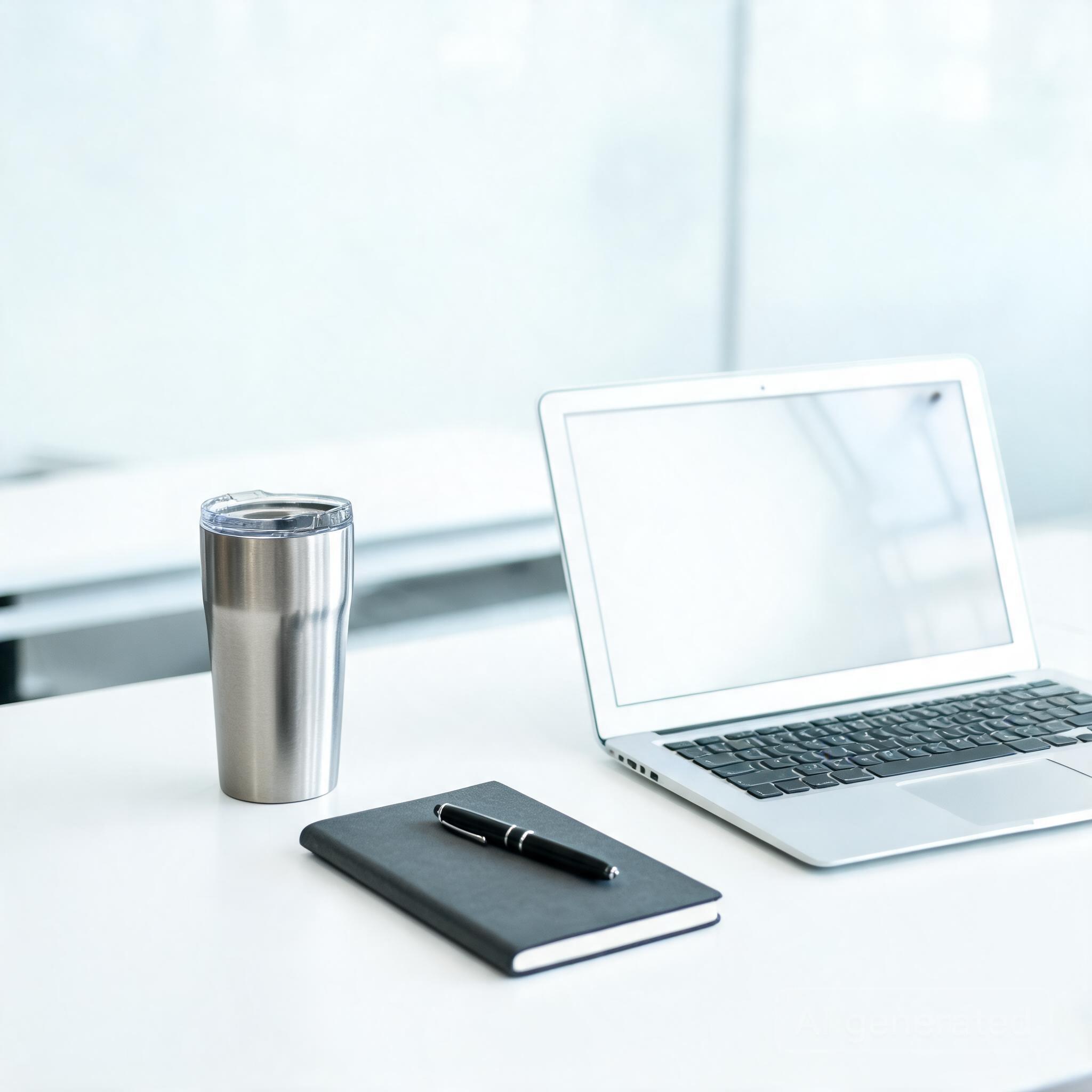 A stainless steel coffee thermos sitting beside a laptop and notebook on a clean modern office desk