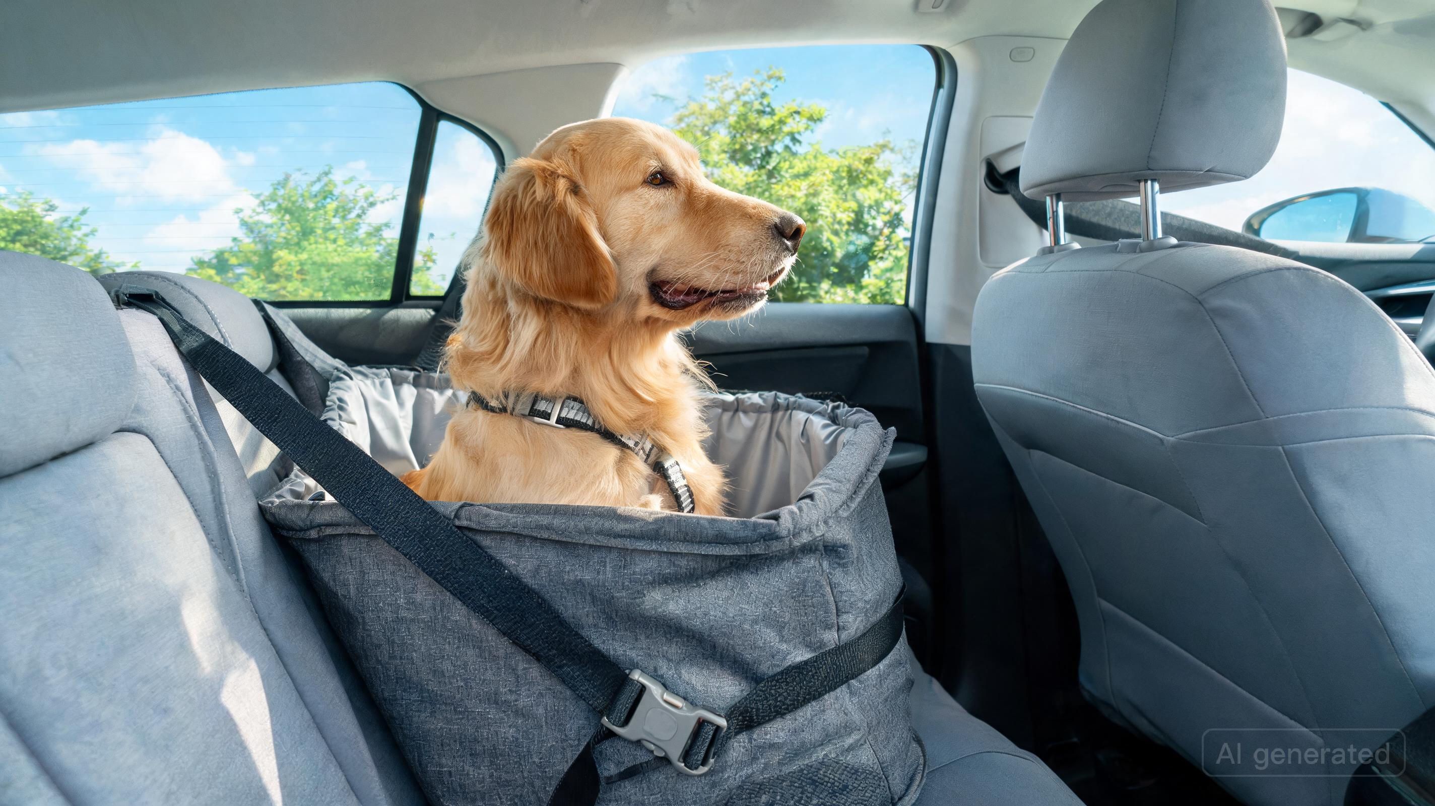 A dog securely buckled into a crash-tested car carrier during a summer road trip, safe in the back seat.