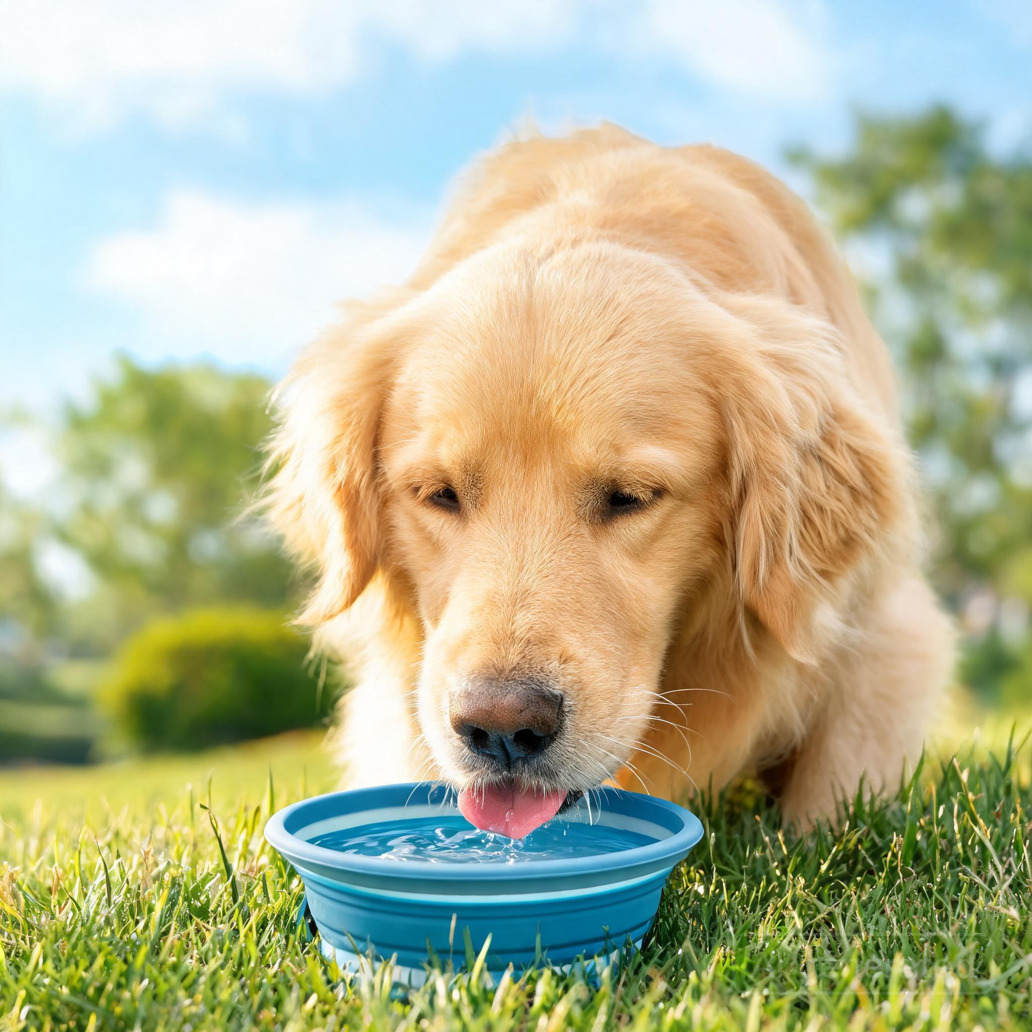 A golden retriever drinking from a portable collapsible travel water bowl outdoors on a summer adventure.