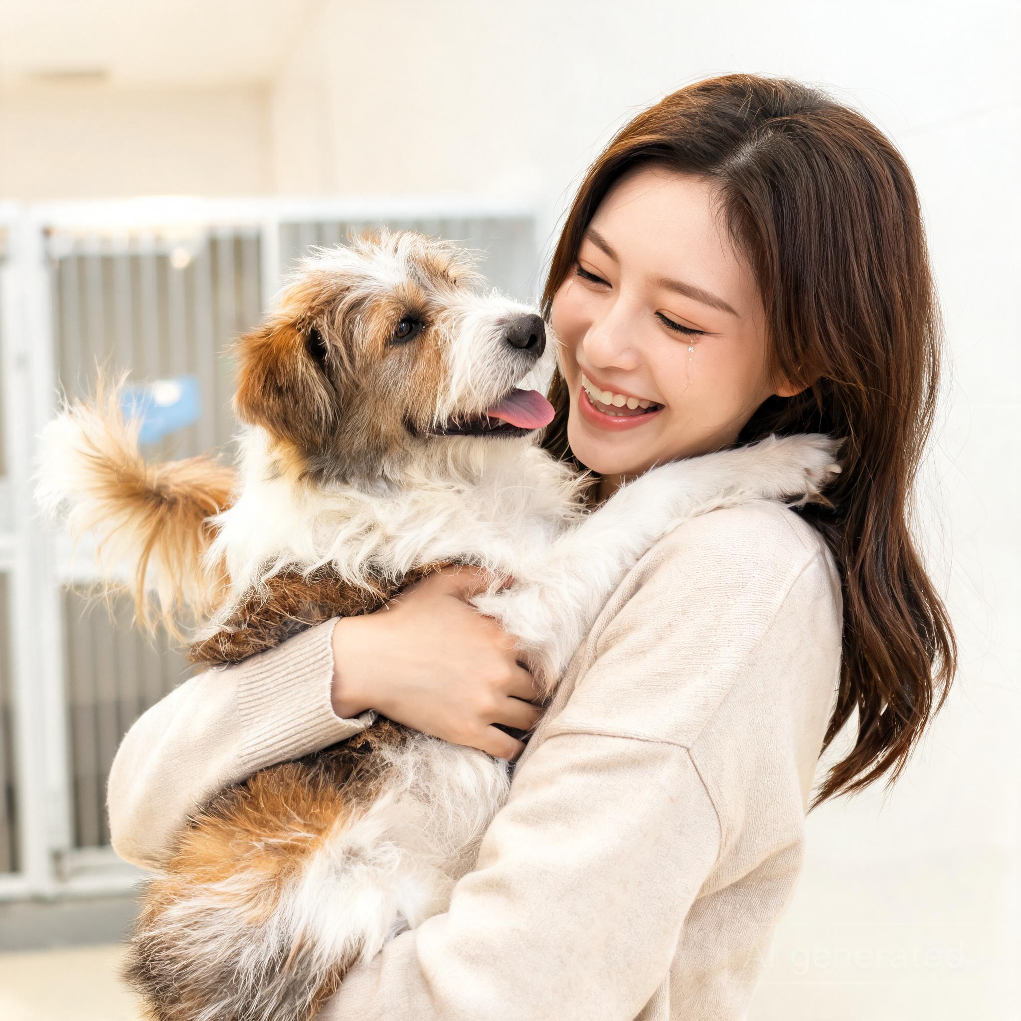 A smiling woman embraces a happy rescue dog at an animal shelter on National Dog Day 2026 — a heartwarming adopt don't shop moment.