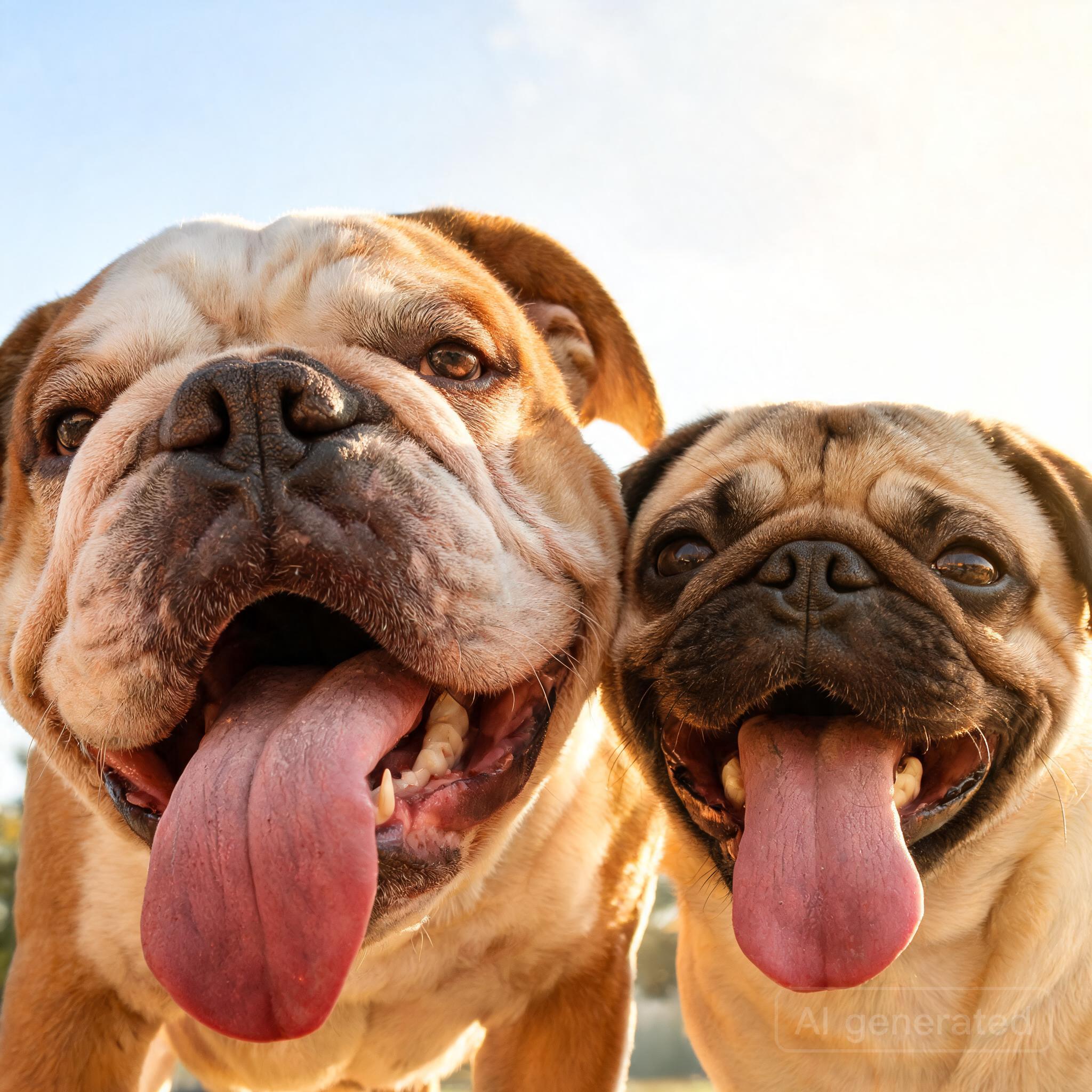 A bulldog and pug panting heavily outdoors on a hot sunny day, illustrating the risk of heat exhaustion in brachycephalic dog breeds