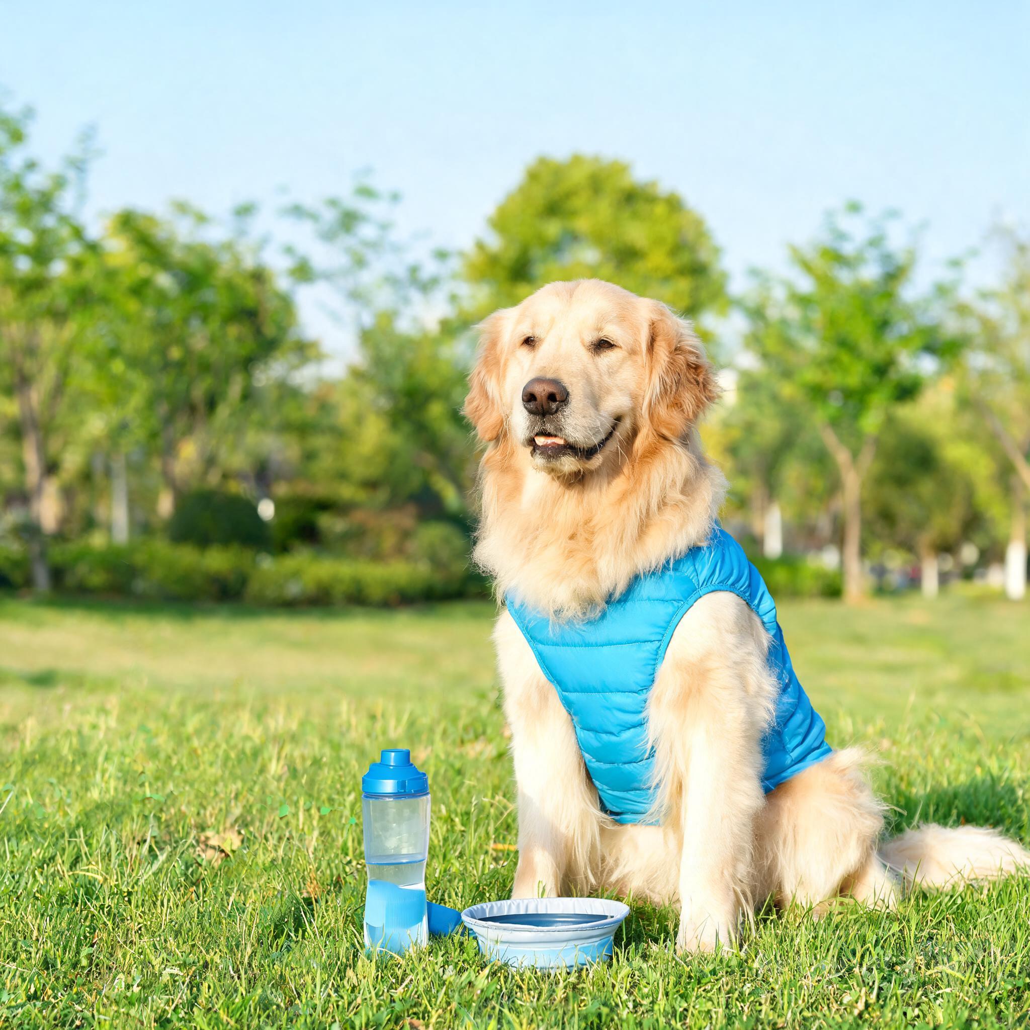 A Golden Retriever wearing a blue cooling vest beside a portable water bottle and collapsible bowl in an outdoor park setting