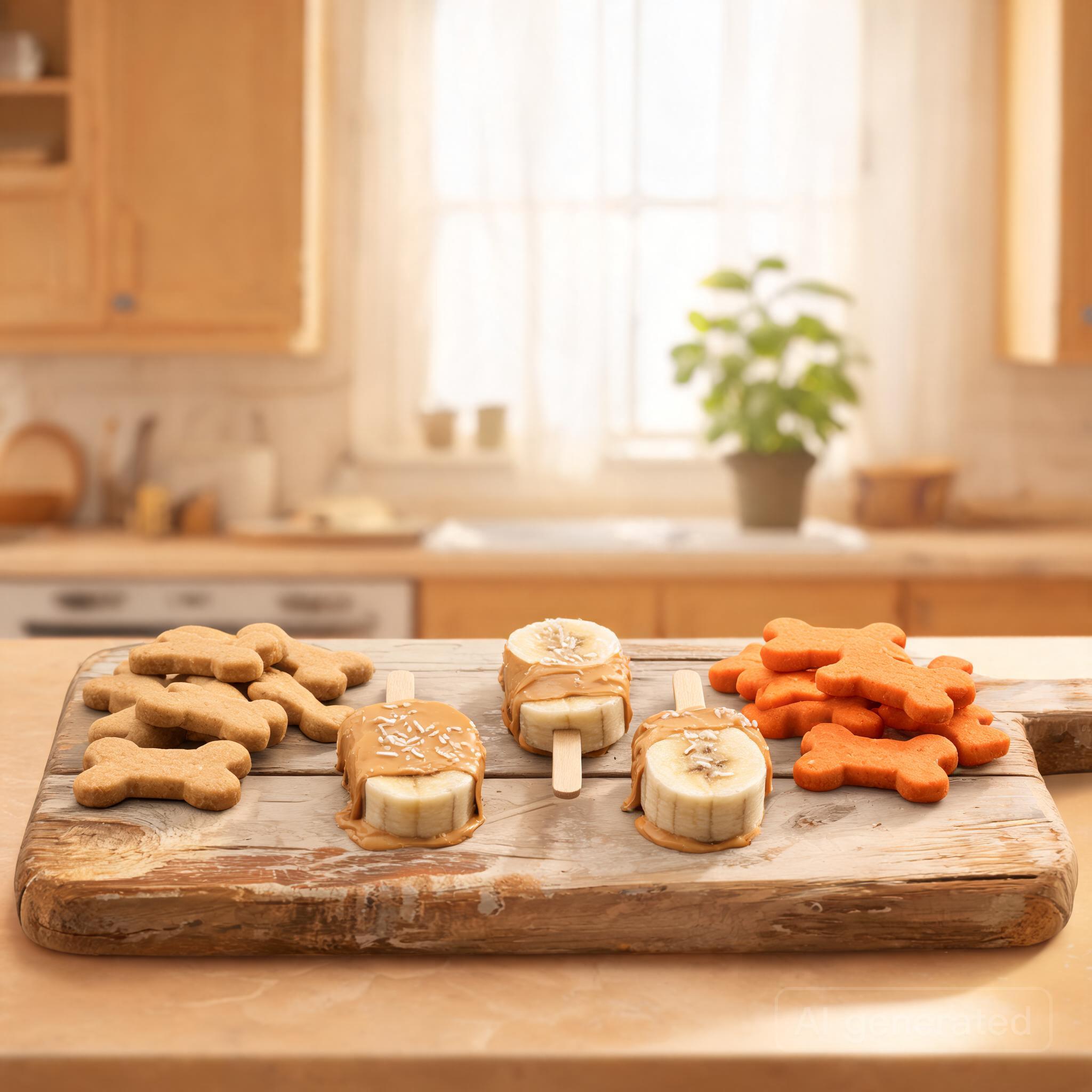 Homemade dog treats arranged on a rustic wooden board — peanut butter biscuits, frozen banana pup pops, and carrot oat biscuits — the perfect National Dog Day 2026 activity.
