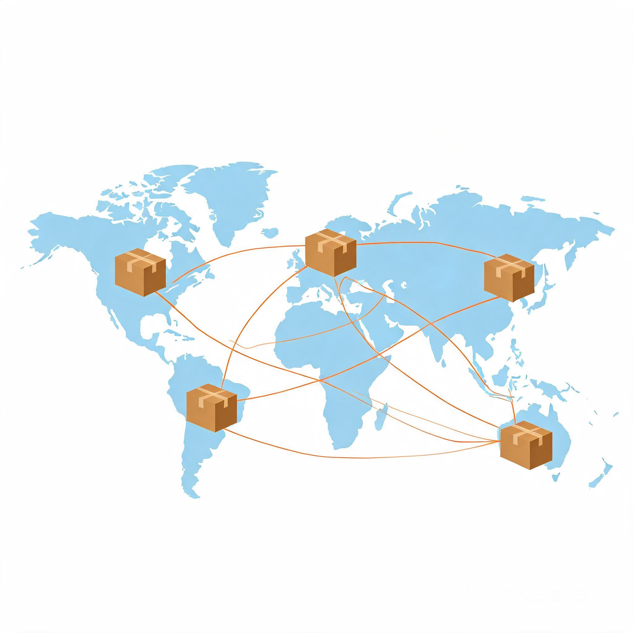 Dropshipping supplier network showing cardboard boxes connected by global shipping routes