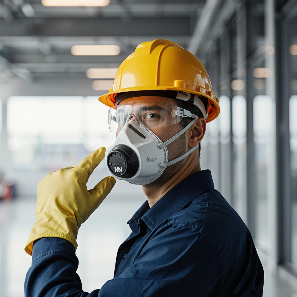 Safety equipment professional wearing hard hat, face mask, protective glasses and gloves in a clean industrial environment