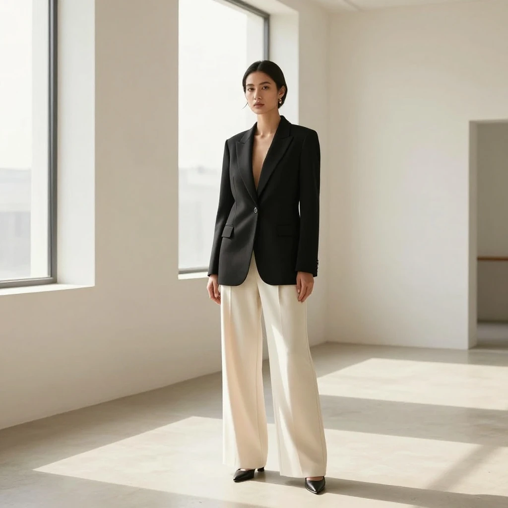 Editorial fashion photograph — woman in tailored blazer and wide-leg trousers