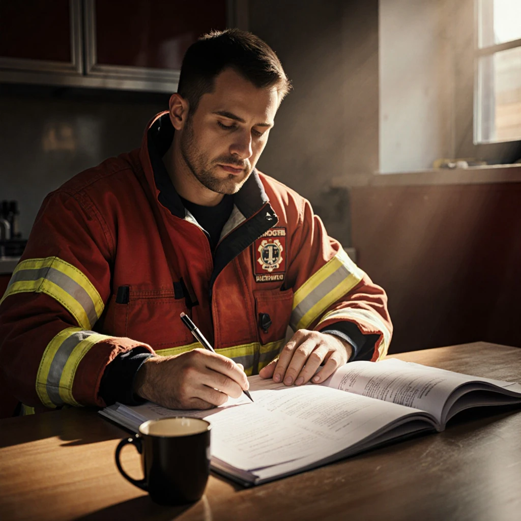 Firefighter studying certification materials at the station