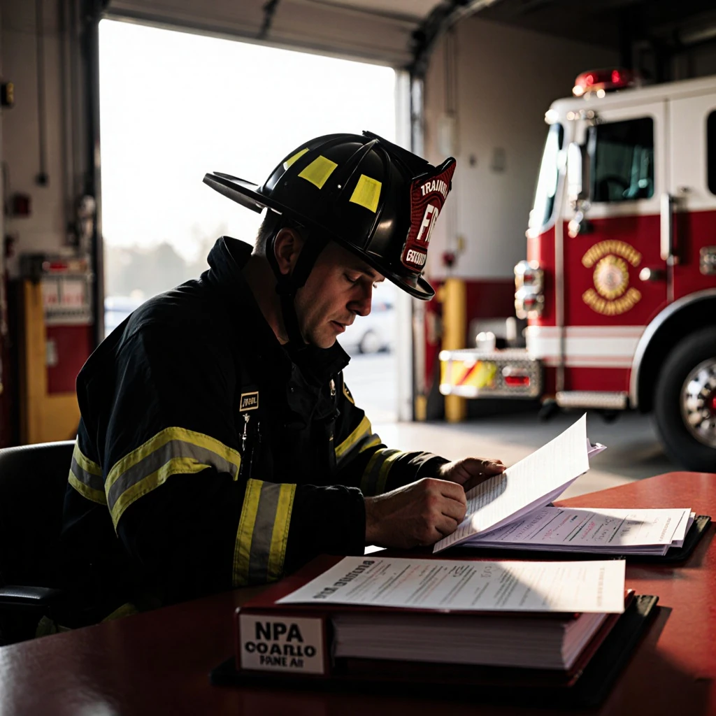 Fire officer reviewing training materials at command table inside fire station